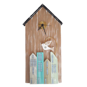 Ρολόι τοίχου ξύλινο χειροποίητο Σπίτια με κεραμικό περιστέρι 25x50x5 Πολύχρωμο Καπαδάκης - ξύλο, ξύλο, ζωγραφισμένα στο χέρι, διακόσμηση, τοίχου, χειροποίητα, ρολόγια, ξύλινα διακοσμητικά τοίχου