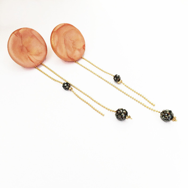 Σκουλαρίκια απο πηλό με αλυσίδα στο κούμπωμα (ροζ χρυσό χρώμα) - πηλός, μακριά, κρεμαστά - 3