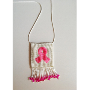 Κολιέ μακρύ Ροζ κορδέλα (Pink Ribbon) - γυναικεία, μακραμέ, χάντρες, μακριά - 2