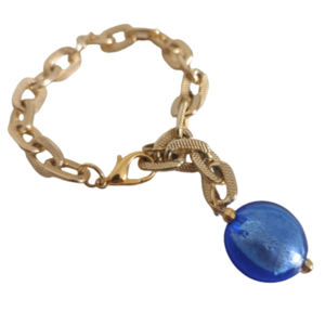 Βραχιόλι με χοντρή αλυσίδα αλουμινίου ματ χρυσό 20εκ με μπλε πέτρα τύπου Μουράνο - αλυσίδες, γυαλί, καρδιά, χάντρες, εντυπωσιακό, χεριού