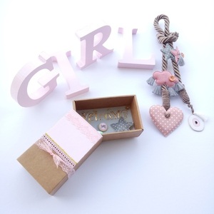 Baby Gift Box Set of 3 Παιδικό Γούρι Φυλαχτό - Ματάκι για Νεογέννητο με Καρδούλα, γράμματα GIRL από ξύλο 11 εκ, ευχετήρια κάρτα IN A BOX - κορίτσι, σετ δώρου, φυλαχτά - 5