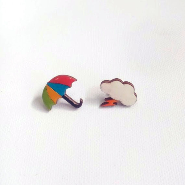 Stud earrings “Mini Umbrella". - ξύλο, γυαλί, ζωγραφισμένα στο χέρι, καρφωτά
