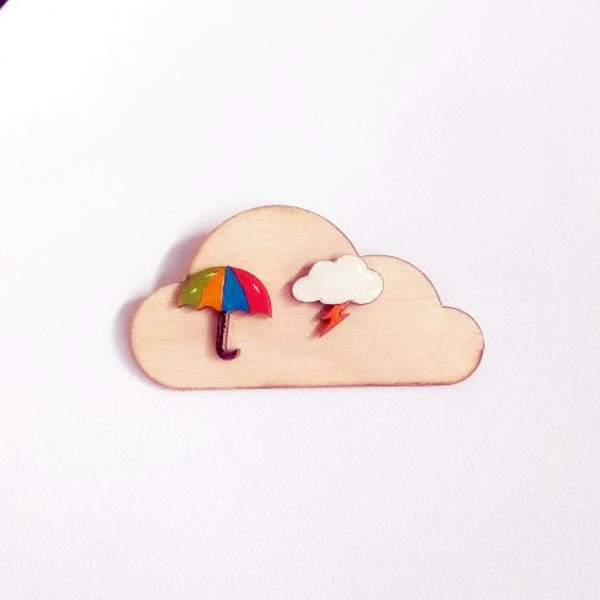 Stud earrings “Mini Umbrella". - ξύλο, γυαλί, ζωγραφισμένα στο χέρι, καρφωτά - 2