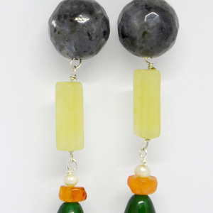Τριπλά σκουλαρίκια με ημιπολύτιμες πέτρες γκρι πράσινο - ασήμι, ημιπολύτιμες πέτρες, μακριά, κρεμαστά - 2