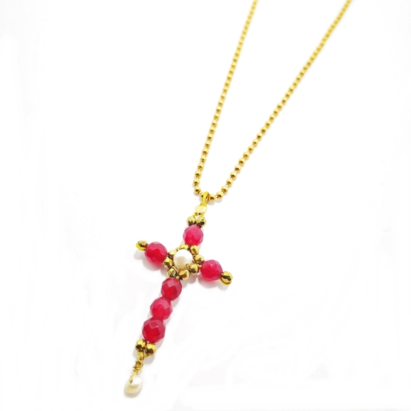 The Burgundies cross, κολιε με χρυσή αλυσίδα και σταυρό από νεφρίτη - μαργαριτάρι, σταυρός, κοντά, ατσάλι - 3