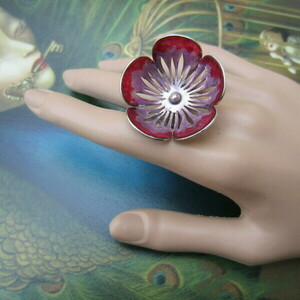 Μεγάλο ασημένιο δαχτυλίδι "Λουλούδι" με σμάλτο (2 χρώματα) - ασήμι, ασήμι 925, σμάλτος, λουλούδι, σταθερά, μεγάλα, δώρα γενεθλίων - 3
