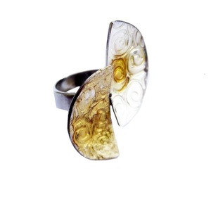 Ασημένιο δαχτυλίδι με φύλλο χρυσού και σμάλτο - ασήμι, γεωμετρικά σχέδια, σταθερά, μεγάλα