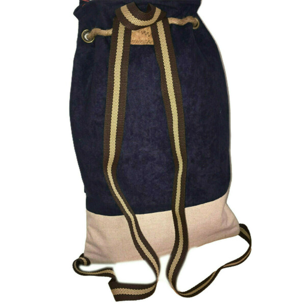 Yφασμάτινη τσάντα πουγκί με κεντημένο floral μοτίβο, μπλε σκούρο- κρεμ - ύφασμα, πουγκί, πλάτης, μεγάλες - 2