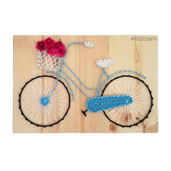 Ξύλινο κάδρο με καρφιά & κλωστές “Ποδήλατο” 30x20cm - ξύλο, vintage, διακοσμητικά