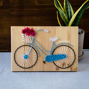 Ξύλινο κάδρο με καρφιά & κλωστές “Ποδήλατο” 30x20cm - ξύλο, vintage, διακοσμητικά - 2