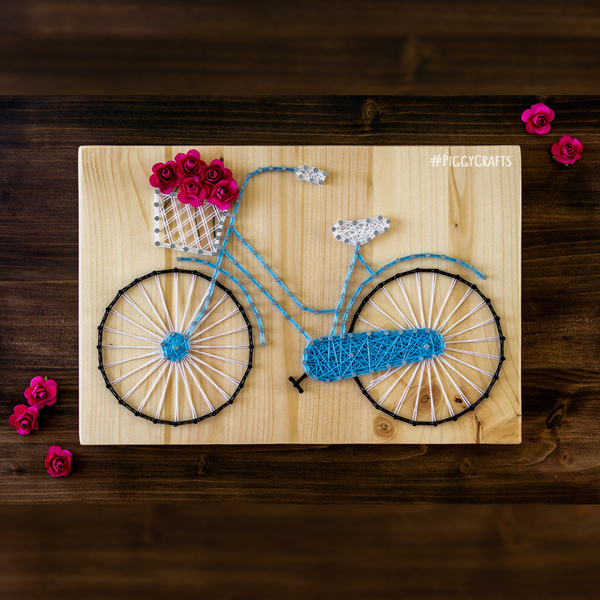 Ξύλινο κάδρο με καρφιά & κλωστές “Ποδήλατο” 30x20cm - ξύλο, vintage, διακοσμητικά - 4