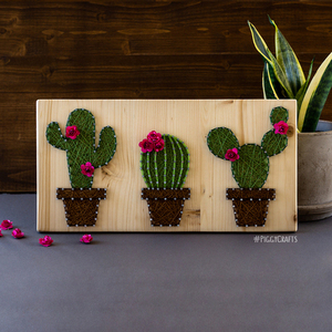 Ξύλινο κάδρο με καρφιά & κλωστές "Cactus" 40x20cm - πίνακες & κάδρα, κάκτος - 5