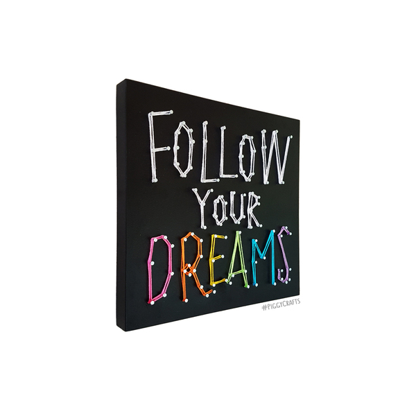 Ξύλινο κάδρο με καρφιά & κλωστές “Follow Your Dreams” 20x20cm - πίνακες & κάδρα - 4