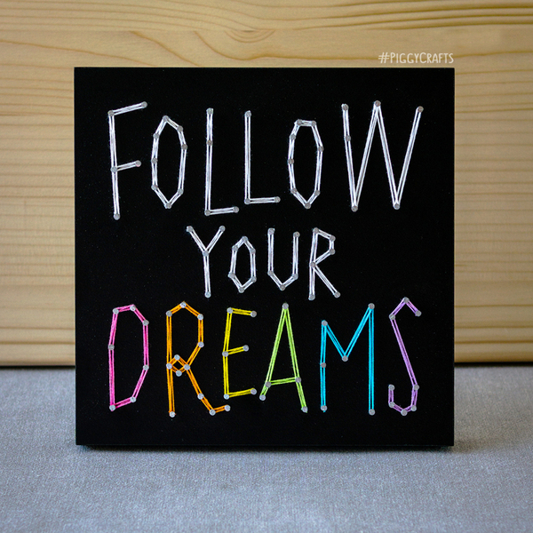 Ξύλινο κάδρο με καρφιά & κλωστές “Follow Your Dreams” 20x20cm - πίνακες & κάδρα - 3