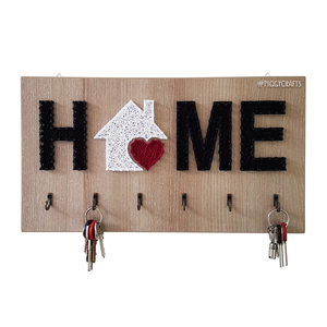 Ξύλινη κλειδοθήκη με καρφιά & κλωστές "HOME" 6 θέσεων 39x21cm - δώρο, κλειδί, κλειδοθήκες