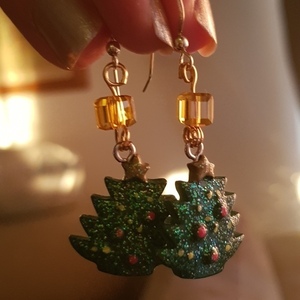 Σκουλαρίκια με έλατα και κρύσταλλο σε χρυσό χρώμα. - κρεμαστά, γάντζος, χριστουγεννιάτικα δώρα, δέντρο - 5