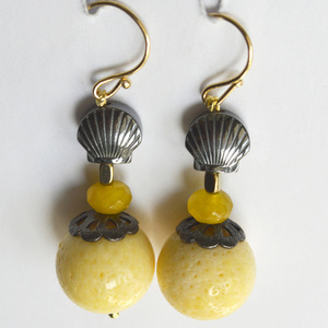 Σκουλαρίκια με sponge coral κίτρινο - ασήμι, ημιπολύτιμες πέτρες, μικρά, κρεμαστά