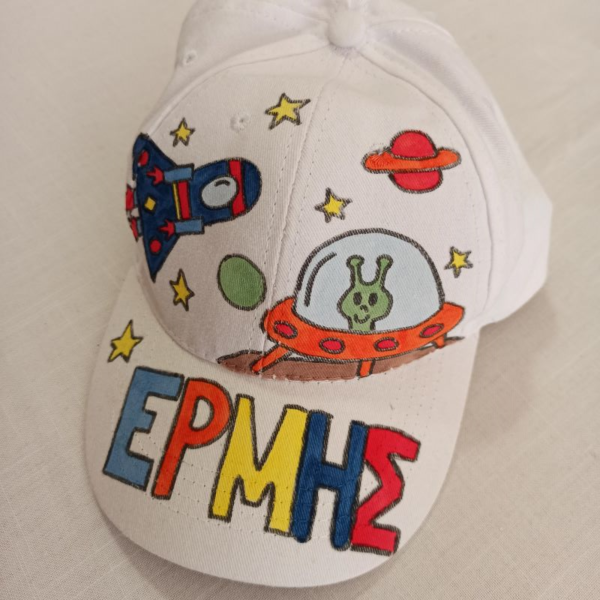 παιδικό καπέλο jockey με όνομα και θέμα ' εξωγήινος στο διάστημα ' ( allien in space ) - αγόρι, όνομα - μονόγραμμα, καπέλα, διάστημα - 4
