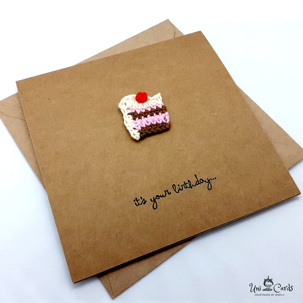 Ευχετήρια κάρτα με πλεκτό κομμάτι τούρτας - crochet, γενέθλια - 2