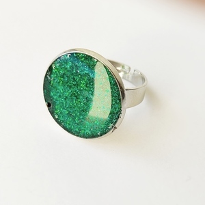 Δαχτυλίδι στρογγυλό με πράσινο γκλίτερ - γυαλί, αυξομειούμενα, φθηνά - 3