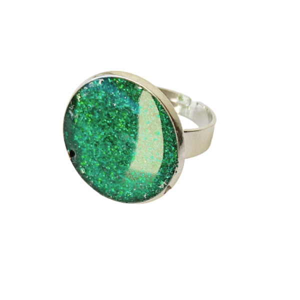 Δαχτυλίδι στρογγυλό με πράσινο γκλίτερ - γυαλί, αυξομειούμενα, φθηνά