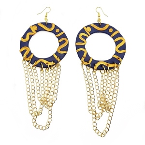 Σκουλαρίκια από πηλό, μπλε-χρυσό με κυκλικό σχέδιο και αλυσίδες - πηλός, μακριά, κρεμαστά, μεγάλα, faux bijoux