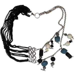 Κολιέ με αλυσίδες, μαύρο και ασημί χρώμα με pendants από λάβα - ορείχαλκος, χάντρες, κοντά - 5