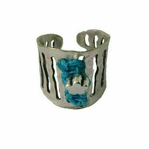 Χειροποίητο δαχτυλίδι ασημί με γαλάζια κλωστή - ορείχαλκος, επάργυρα, μεγάλα, αυξομειούμενα, φθηνά