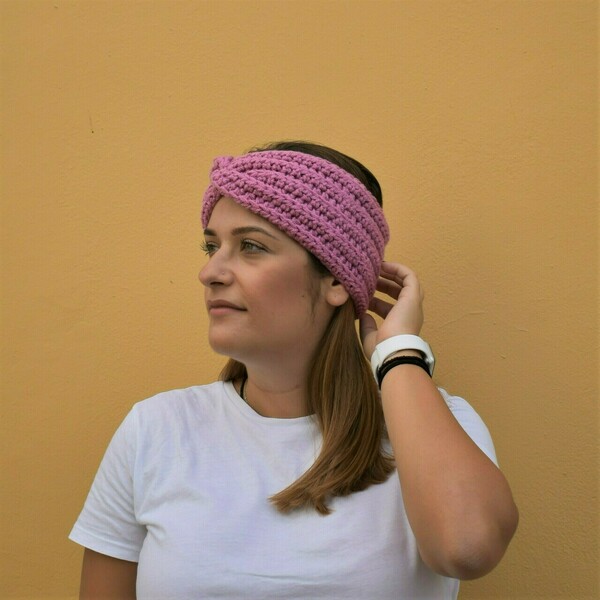 Χειροποίητη πλεκτή στριφτή κορδέλα ροζ σκούρο από 100% ακρυλικό νήμα - μαλλί, turban, headbands - 3