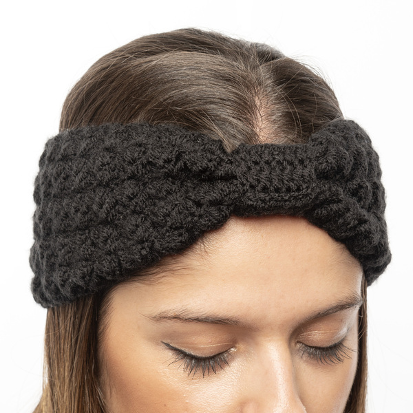 Χειροποίητη πλεκτή κορδέλα με δέσιμο μαύρο από 100% ακρυλικό νήμα - μαλλί, turban, headbands - 2