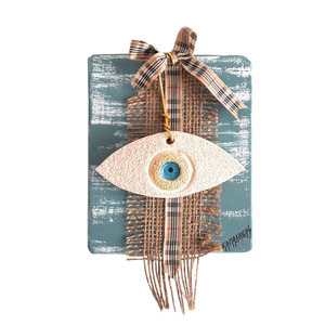 Γούρι καδράκι ξύλινο χειροποίητο Κεραμικό μάτι 10x12x4 Ραφ Καπαδάκης - ξύλο, ζωγραφισμένα στο χέρι, χειροποίητα, χριστουγεννιάτικα δώρα, γούρια