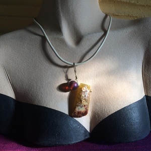 Κοντό κολιέ με καστανό αχάτη και γυαλόχαντρα - δέρμα, ημιπολύτιμες πέτρες, χάντρες, κοντά - 2