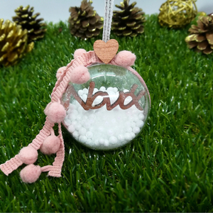 Χειροποίητη Χριστουγεννιάτικη μπάλα 6cm Νονά, Dusty Pink - ξύλο, νονά, plexi glass, στολίδια, μπάλες