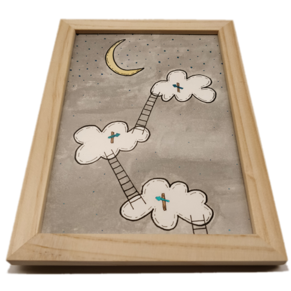 "Στα σύννεφα!" - Ζωγραφική με ακουαρέλες γκρι λευκό σε ξύλινη καφέ κορνίζα 20 Χ 15 εκ. - κορίτσι, αγόρι, δώρα για παιδιά, παιδικοί πίνακες