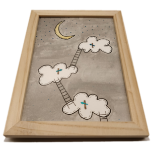 "Στα σύννεφα!" - Ζωγραφική με ακουαρέλες γκρι λευκό σε ξύλινη καφέ κορνίζα 20 Χ 15 εκ. - κορίτσι, αγόρι, δώρα για παιδιά, παιδικοί πίνακες