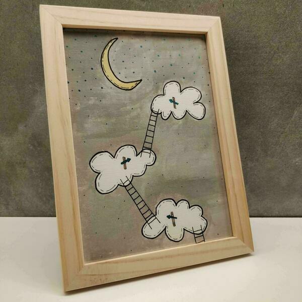 "Στα σύννεφα!" - Ζωγραφική με ακουαρέλες γκρι λευκό σε ξύλινη καφέ κορνίζα 20 Χ 15 εκ. - κορίτσι, αγόρι, δώρα για παιδιά, παιδικοί πίνακες - 3