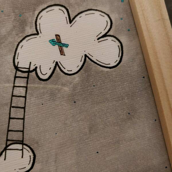 "Στα σύννεφα!" - Ζωγραφική με ακουαρέλες γκρι λευκό σε ξύλινη καφέ κορνίζα 20 Χ 15 εκ. - κορίτσι, αγόρι, δώρα για παιδιά, παιδικοί πίνακες - 4