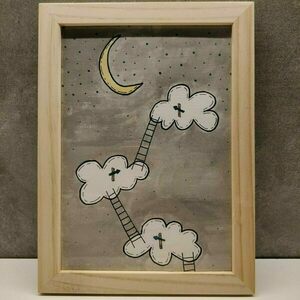 "Στα σύννεφα!" - Ζωγραφική με ακουαρέλες γκρι λευκό σε ξύλινη καφέ κορνίζα 20 Χ 15 εκ. - κορίτσι, αγόρι, δώρα για παιδιά, παιδικοί πίνακες - 5