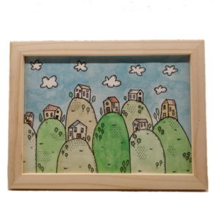 "Στην κορυφή!" - Ζωγραφική με πράσινες γαλάζιες ακουαρέλες σε καφέ ξύλινη κορνίζα 20 Χ 15 εκ. - πίνακες & κάδρα, δώρα για παιδιά, γενική διακόσμηση, παιδικά κάδρα