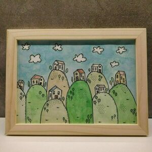 "Στην κορυφή!" - Ζωγραφική με πράσινες γαλάζιες ακουαρέλες σε καφέ ξύλινη κορνίζα 20 Χ 15 εκ. - πίνακες & κάδρα, δώρα για παιδιά, γενική διακόσμηση, παιδικά κάδρα - 4