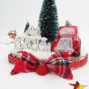 Χειροποίητη "χιονισμένη" διακοσμητική σύνθεση με κόκκινο γυαλιστερό αμαξάκι, δεντράκια και μπόλικο χιόνι!! - ξύλο, διακοσμητικά, χριστουγεννιάτικα δώρα, δέντρο - 2