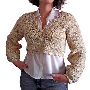Χειροποίητο κοντό μάλλινο πουλόβερ εκρού με πρωτότυπο σχέδιο ανοιχτή πλάτη μέγεθος S - μαλλί, πλεκτό, μακρυμάνικες
