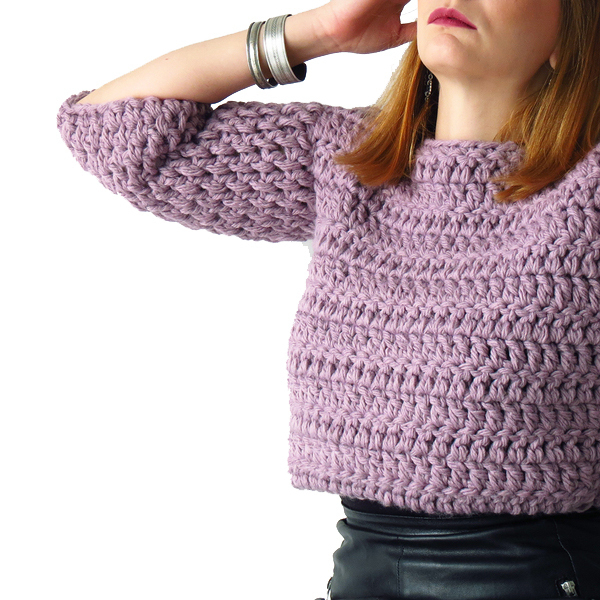 Πλεκτό χειροποίητο λιλά κοντό πουλόβερ με κοντό μανίκι - μαλλί, crop top, μακρυμάνικες - 4