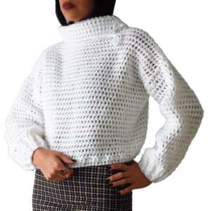Πλεκτό χειροποίητο λευκό πουλόβερ με ζιβάγκο - ακρυλικό, μακρυμάνικες