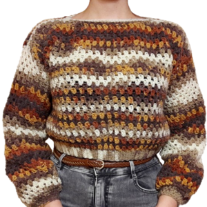 Χειροποίητο κοντό πουλόβερ με μαλλί σε καφέ και μουσταρδί αποχρώσεις μέγεθος S - μαλλί, μακρυμάνικες