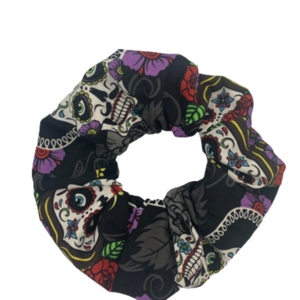 Scrunchie σε pattern Νεκροκεφαλές - ύφασμα, rock, frida kahlo, λαστιχάκια μαλλιών