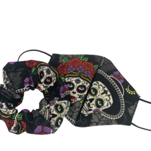 Σετ scrunchie & γυναικεία μάσκα σε rock pattern νεκροκεφαλές με αντιβακτηριδιακό ύφασμα στην πίσω όψη. - frida kahlo, σετ δώρου, μάσκες προσώπου
