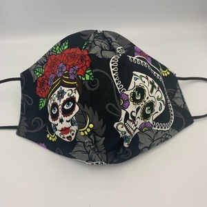 Σετ scrunchie & γυναικεία μάσκα σε rock pattern νεκροκεφαλές με αντιβακτηριδιακό ύφασμα στην πίσω όψη. - frida kahlo, σετ δώρου, μάσκες προσώπου - 3