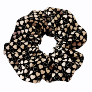 Scrunchie με λευκές και μαυρες καρδούλες - ύφασμα, λαστιχάκια μαλλιών