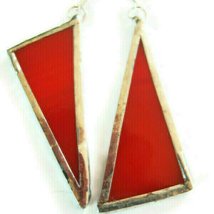 Γεωμετρικά Σκουλαρίκια Κόκκινα Τρίγωνα Γυαλί Βιτρώ με ασημένιο κούμπωμα - 5*2.5 εκ. - γυαλί, γεωμετρικά σχέδια, μακριά, κρεμαστά, μεγάλα - 3